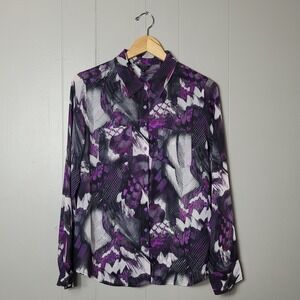GUESS PLUM PURPLE ARTS PRINT SHEER BUTTON DOWN SHIRT WOMENS SIZE MEDIUM